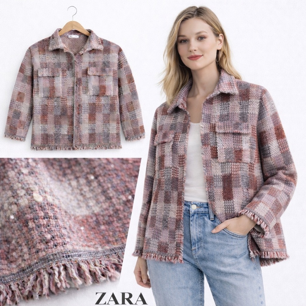 ZARA Pink Metallic Tweed Knit Shacket Jacket Check Frayed Trim Boxy S/M - Picture 5 of 9